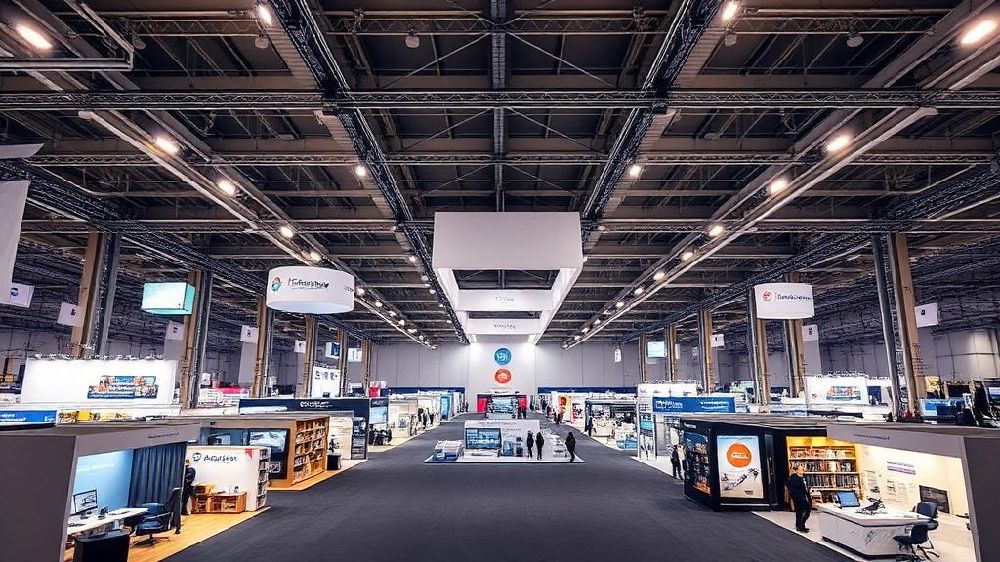 Pavilhão de feira com múltiplos stands