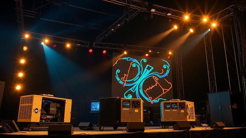 Palco de festival de música iluminado à noite